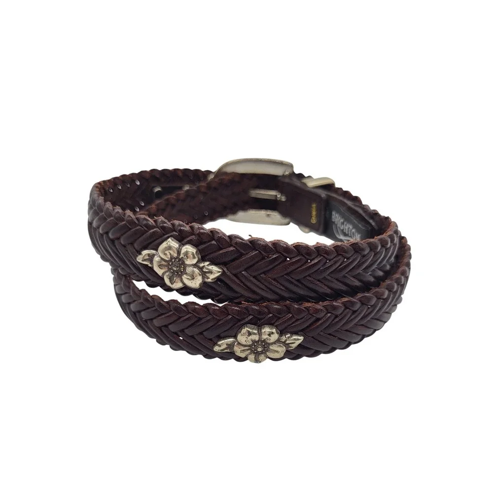 VTG Brighton Woven Braided Leather Belt Brown Floral Concho Western Boho S 28